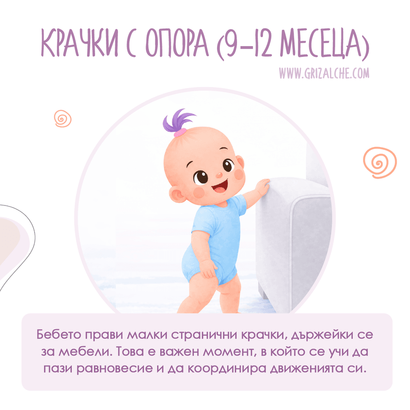 Бебе прави крачки с опора — 9–12 месеца