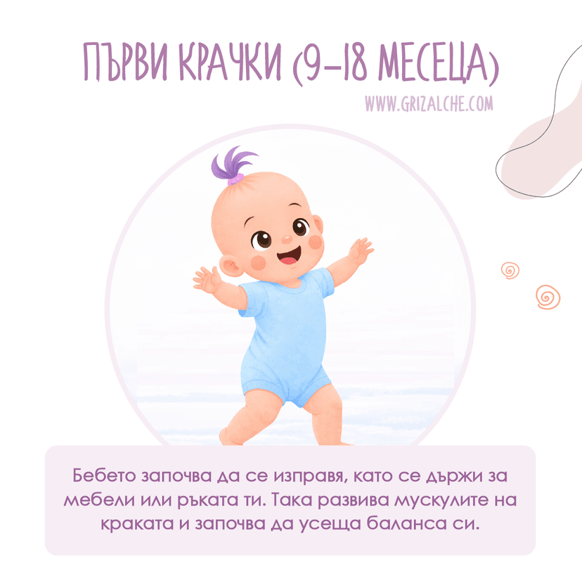 Бебе прави самостоятелни крачки — 9–18 месеца
